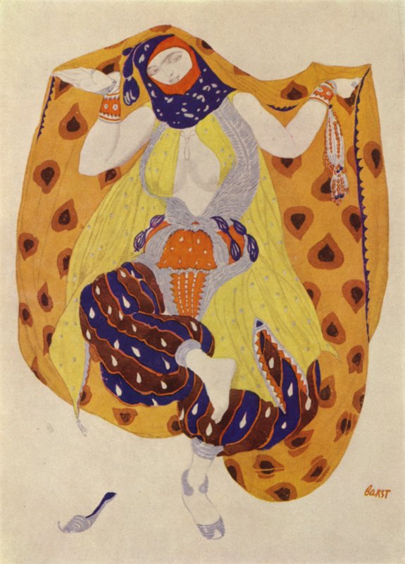 Odalisque, desenho de fantasia de Leon Bakst para uma produção de Scheherazade Ballets Russes (cor litho) de Leon (after) Bakst