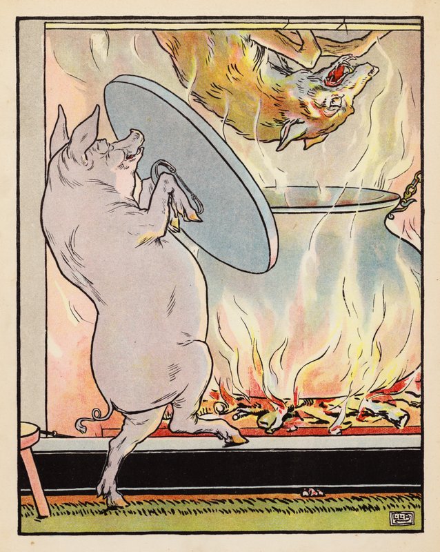 Ilustração para Os Três Porquinhos (litografia a cores) de Leonard Leslie Brooke