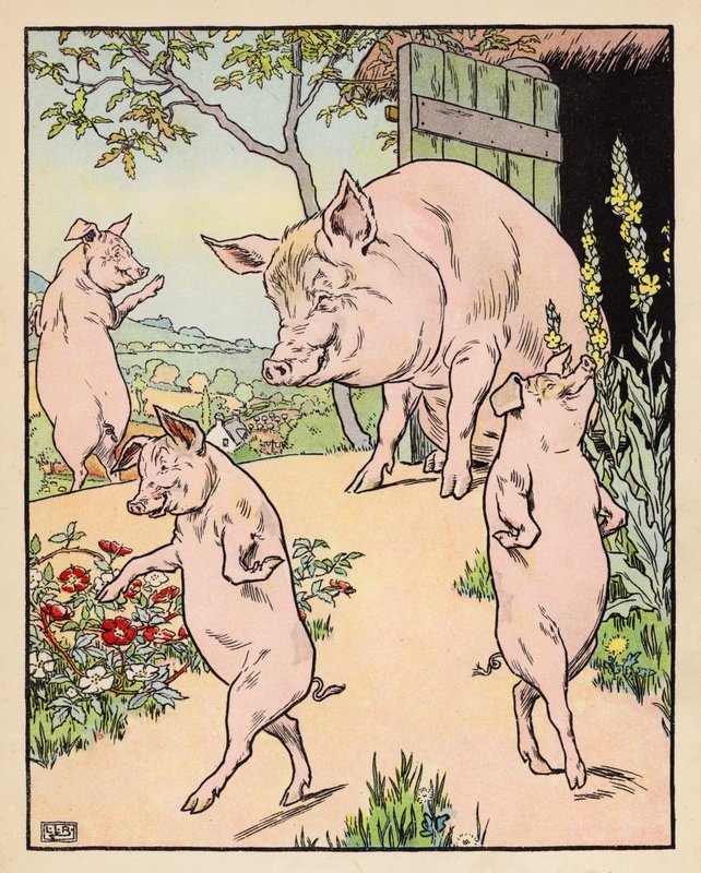 Ilustração para Os Três Porquinhos (litografia a cores) de Leonard Leslie Brooke