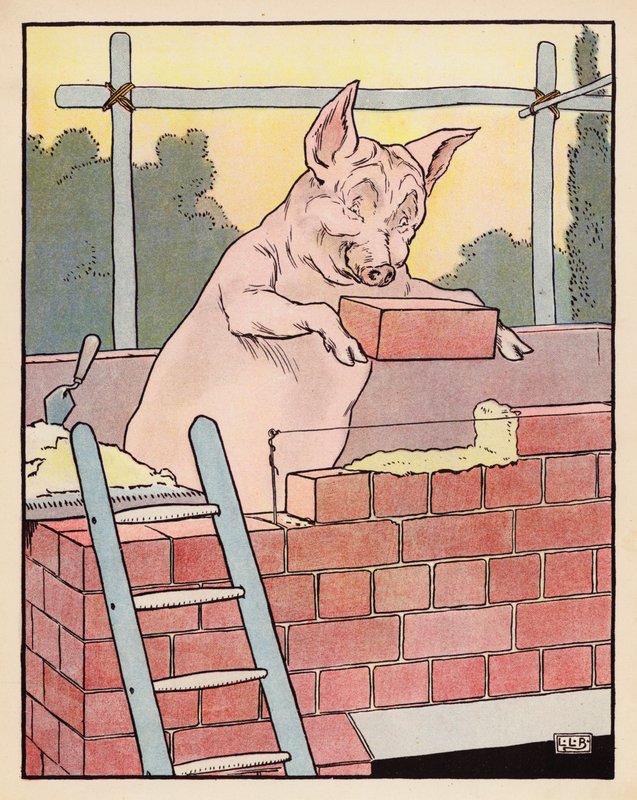 Ilustração para Os Três Porquinhos (litografia a cores) de Leonard Leslie Brooke