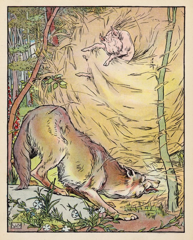 Ilustração para Os Três Porquinhos (litografia a cores) de Leonard Leslie Brooke