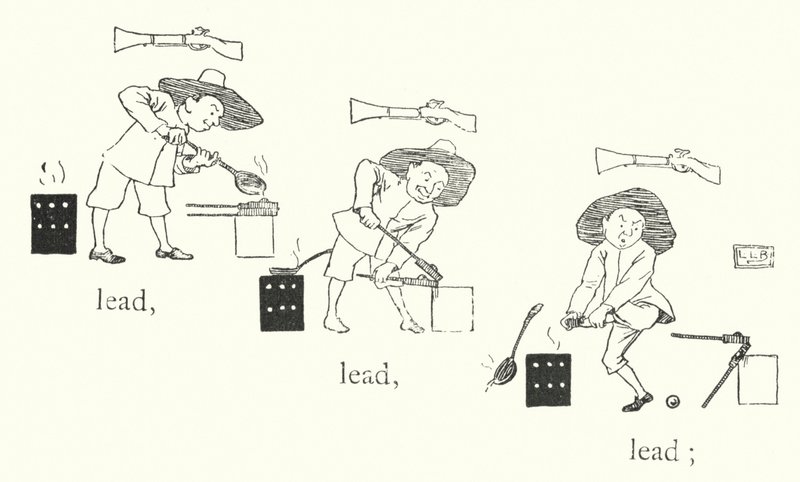 Havia um homenzinho, e ele tinha uma pequena arma, e as suas balas eram feitas de chumbo, chumbo, chumbo (gravura) de Leonard Leslie Brooke
