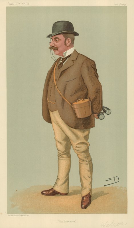 Mr Alfred Edward Thomas Watson, O Badminton, 14 de janeiro de 1897, desenho animado da Vanity Fair de Leslie Matthew Ward