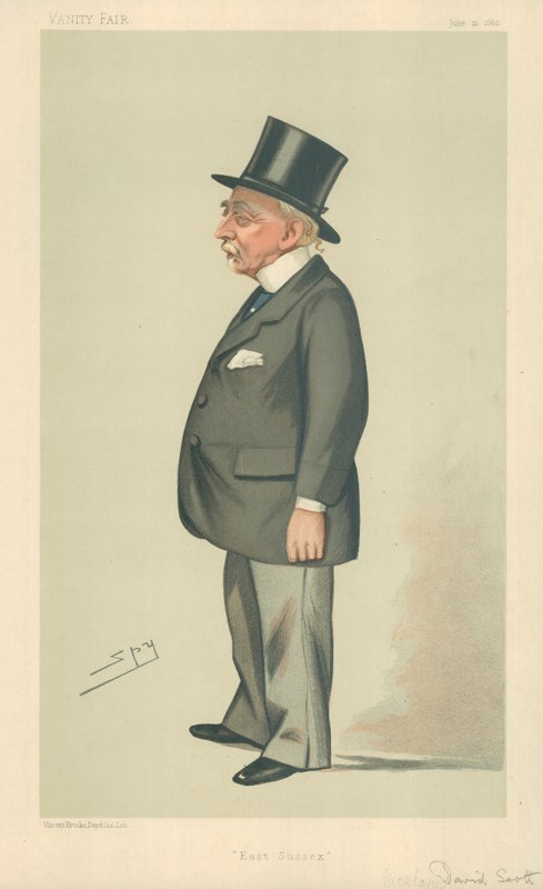 Sr. Montagu David Scott, East Sussex, 10 de junho de 1882, desenho animado da Vanity Fair de Leslie Matthew Ward