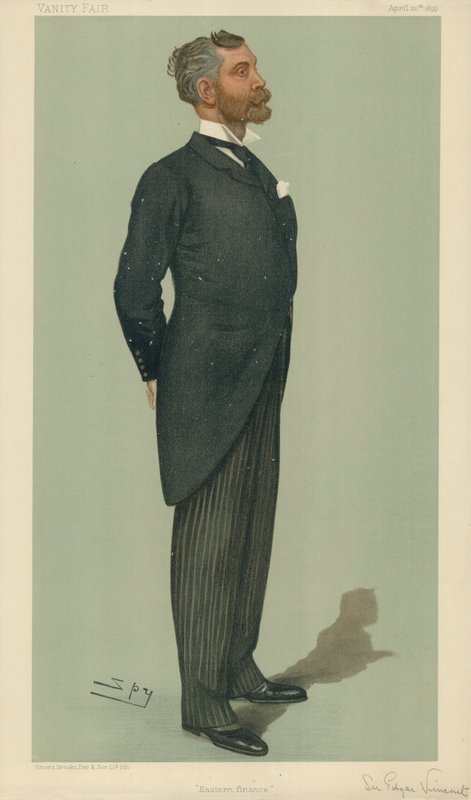 Sir Edgar Vincent, Eastern Finance, 20 de abril de 1899, desenho animado da Vanity Fair de Leslie Matthew Ward