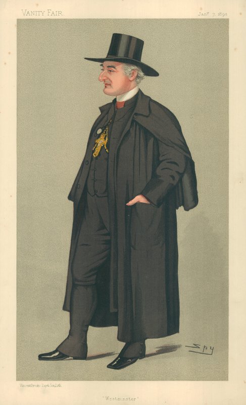 O Arcebispo de Westminster, Westminster, 7 de Janeiro de 1891, Vanity Fair cartoon (cor litho) de Leslie Matthew Ward