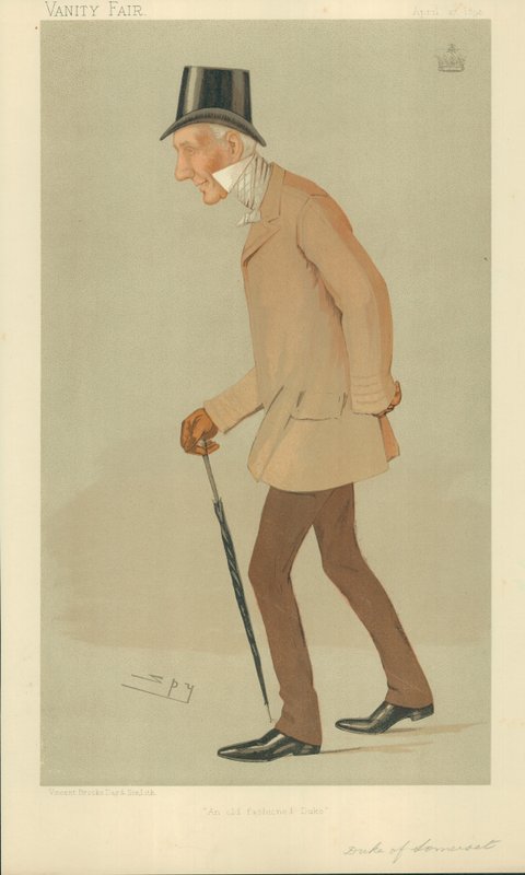 O Duque de Somerset, Um Duque à moda antiga, 27 de abril de 1893, desenho animado da Vanity Fair de Leslie Matthew Ward