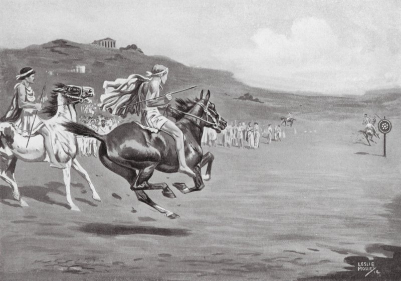 Cavaleiros gregos lançando o dardo (litografia) de Leslie Mosley