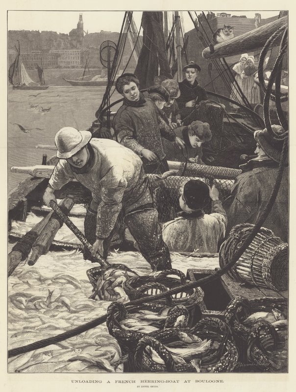 Descarregando um barco de arenque francês em Boulogne de Lionel Percy Smythe