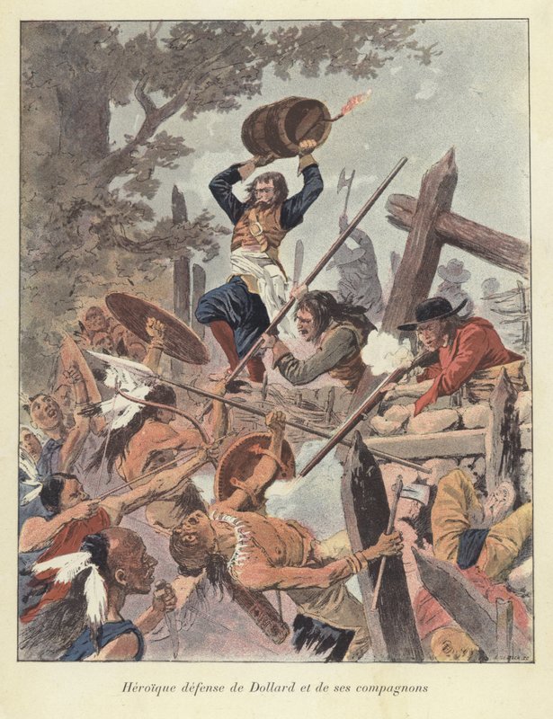 Adam Dollard e seus companheiros lutando contra os iroqueses na Batalha de Long Sault, Canadá, 1660 de Louis Charles Bombled