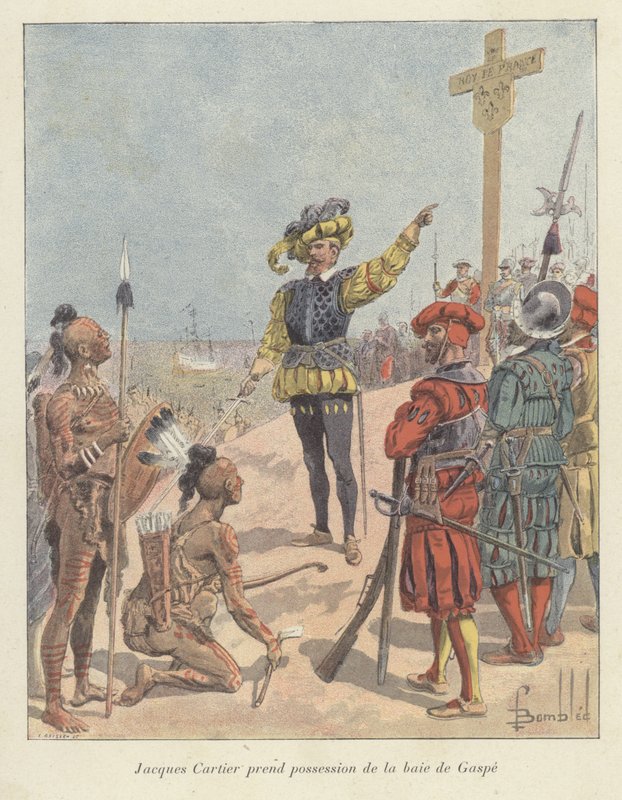 Jacques Cartier reivindica posse francesa de Gaspe Bay, Canadá, 1534 de Louis Charles Bombled