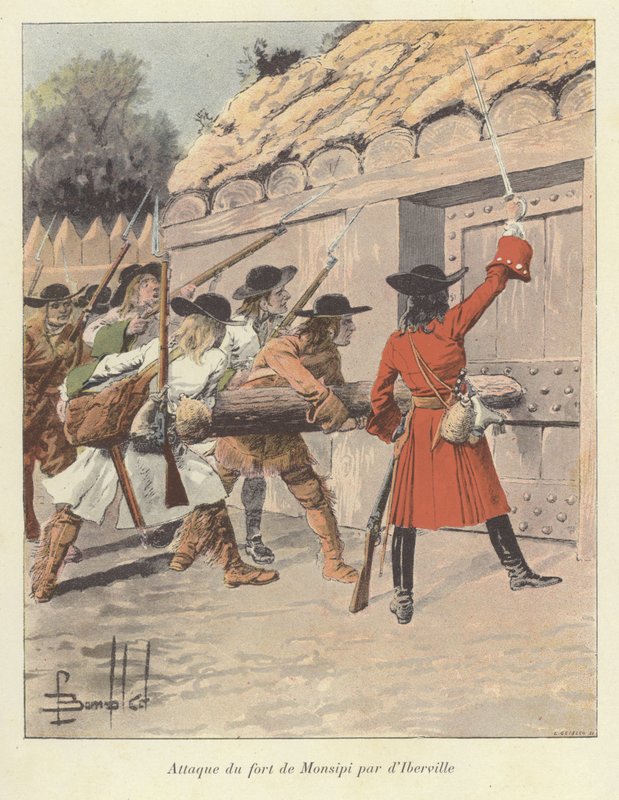 Pierre le Moyne d&39;Iberville, atacando o forte de Monsipi, Canadá, 1686 de Louis Charles Bombled