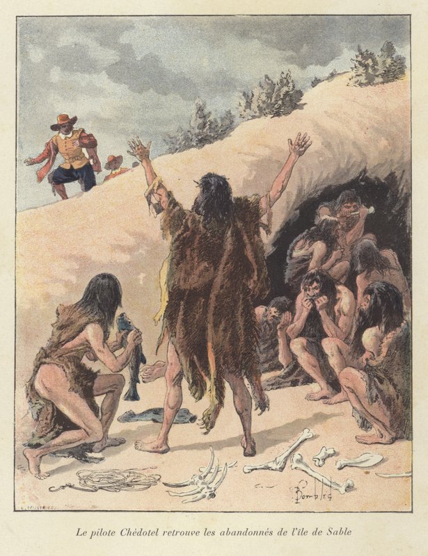 O piloto Chedotel encontra os membros sobreviventes da colônia francesa na Ile de Sable, Canadá, c1600 de Louis Charles Bombled