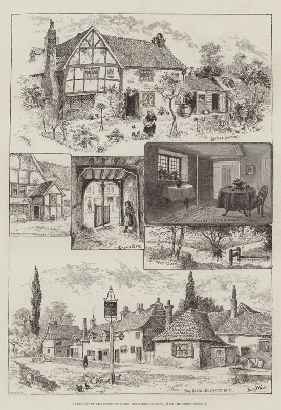 Esboços em Chalfont St Giles, Buckinghamshire, com a casa de campo de Milton de Louis Wain