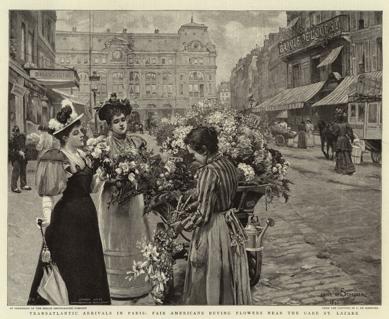 Chegadas transatlânticas em Paris, americanos justos comprando flores perto da Gare St Lazare de Louis de Schryver