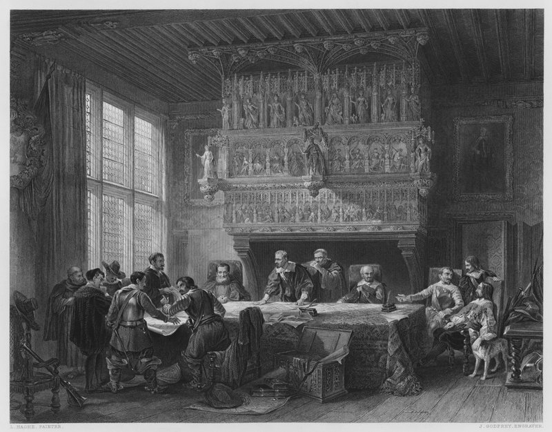 O Conselho de Guerra em Courtray, da foto na Galeria Vernon (gravura) de Louis (after) Haghe