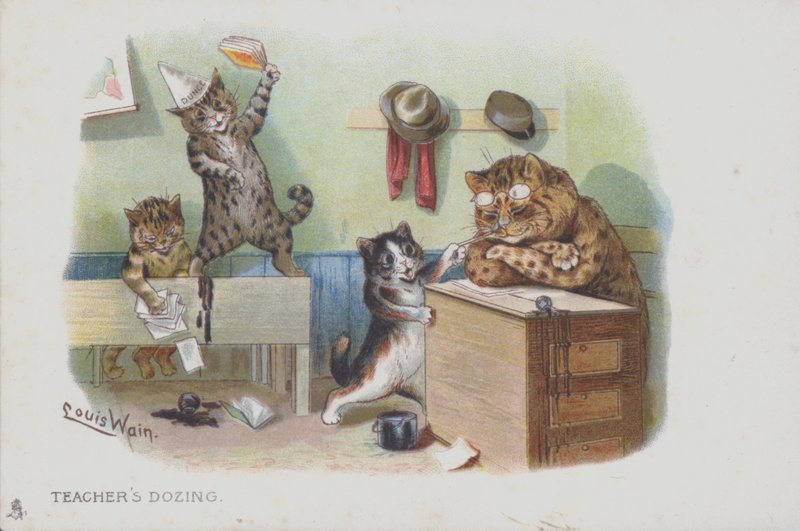 Gatos em uma sala de aula: o professor está cochilando e os alunos estão se comportando mal (cromolitho) de Louis (after) Wain