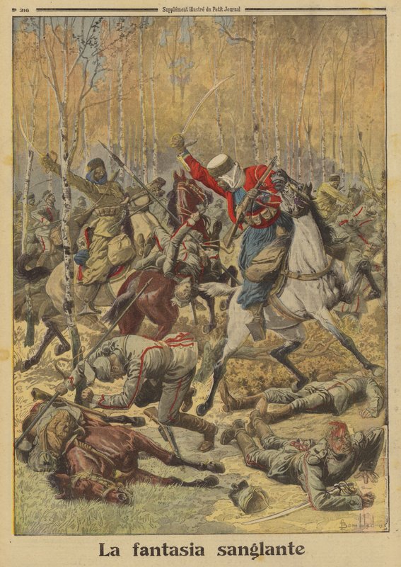 Os goumiers argelinos do exército francês derrotando um grupo maior de cavalaria alemã, a Primeira Guerra Mundial de Louis Charles (after) Bombled