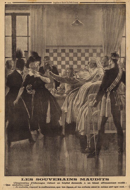 Reacção furiosa de um soldado ferido no hospital a uma visita da Imperatriz Augusta Victoria, Primeira Guerra Mundial de Louis Charles (after) Bombled