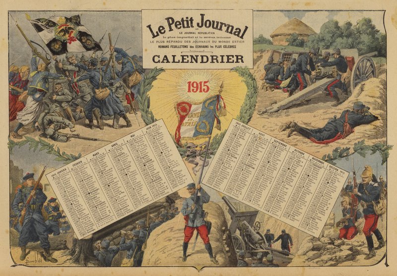 Calendário para 1915, com cenas do campo de batalha da Primeira Guerra Mundial (cor litho) de Louis Charles (after) Bombled