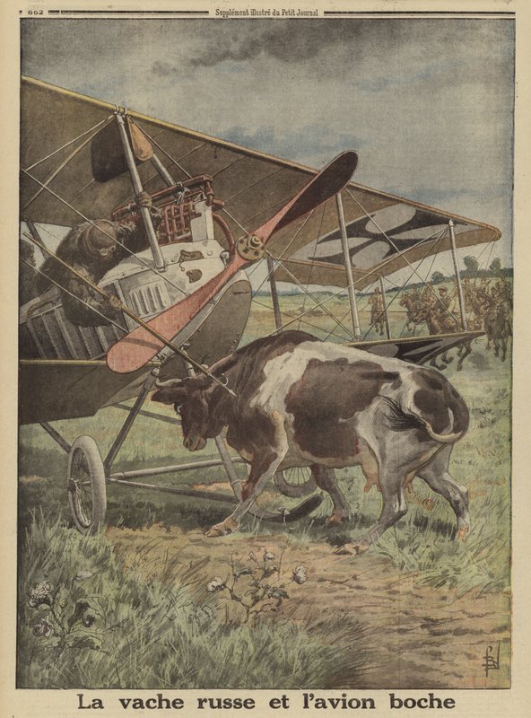 Vaca impedindo um avião alemão de decolar, Lutsk, Rússia, Primeira Guerra Mundial de Louis Charles (after) Bombled