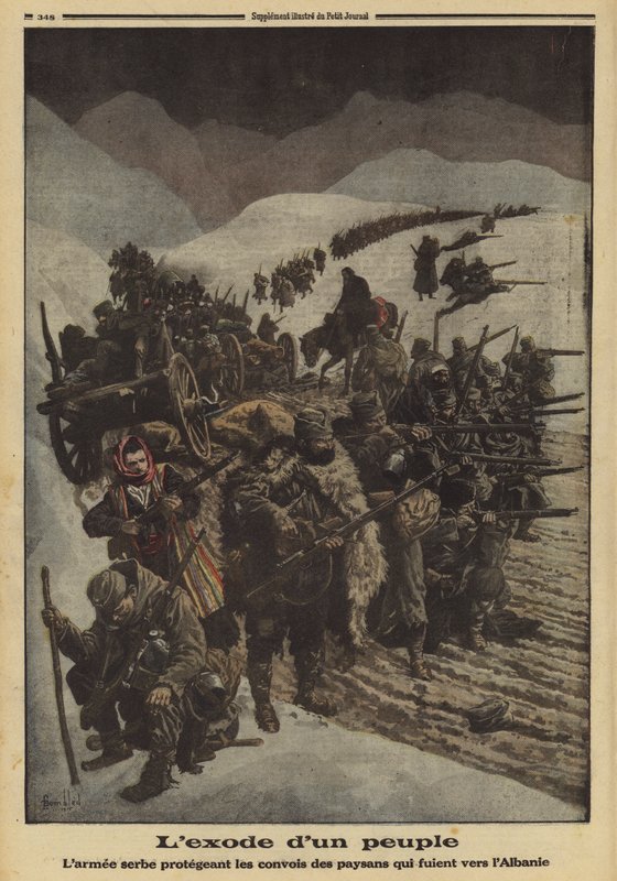 Êxodo de um povo: o exército sérvio protegendo uma coluna de camponeses que fogem para a Albânia, Primeira Guerra Mundial de Louis Charles (after) Bombled