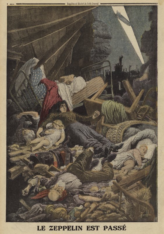 Família morta num ataque a bomba por um Zeppelin alemão, Guerra Mundial I,1916 (cor litho) de Louis Charles (after) Bombled