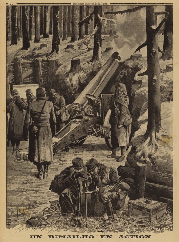 Exército Francês Rimailho rápido fogo médio howitzer em ação, Primeira Guerra Mundial de Louis Charles (after) Bombled