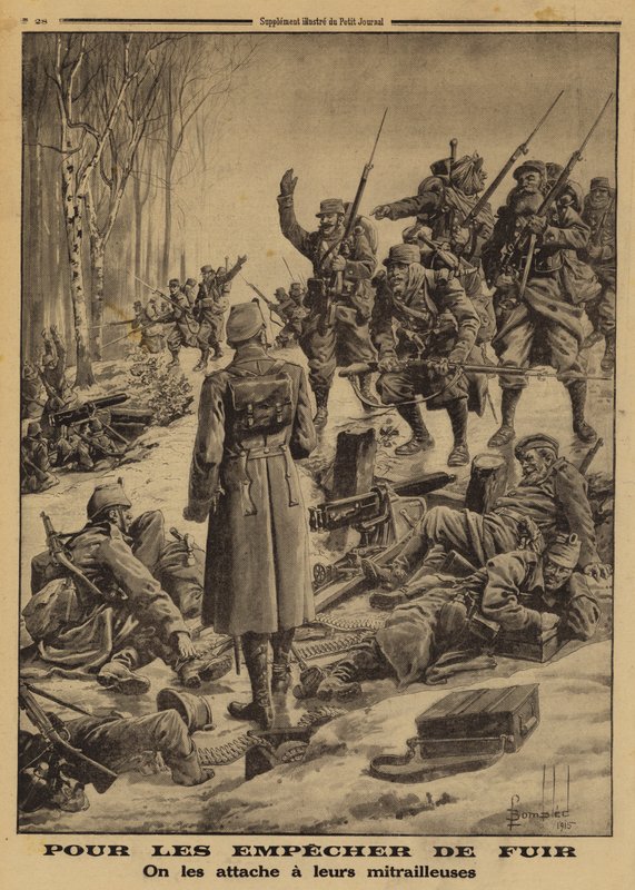 Soldados franceses capturando uma posição alemã, tripulados por soldados inimigos presos às suas metralhadoras pelos seus oficiais para evitar que se retirem, Primeira Guerra Mundial de Louis Charles (after) Bombled