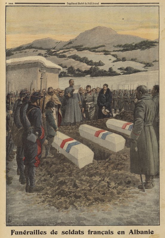 Funeral de soldados franceses que morreram na Albânia durante a retirada da Sérvia, Primeira Guerra Mundial de Louis Charles (after) Bombled