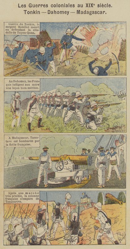 Guerras coloniais no século XIX, Tonkin, Dahomey, Madagascar (cor litho) de Louis Charles (after) Bombled