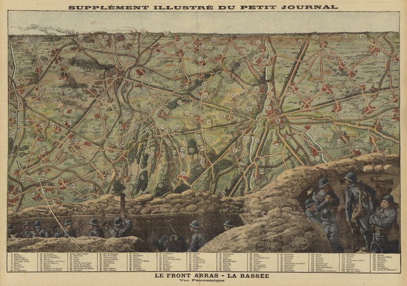 Vista panorâmica do setor da Frente Ocidental entre Arras e La Bassee, França, Primeira Guerra Mundial de Louis Charles (after) Bombled