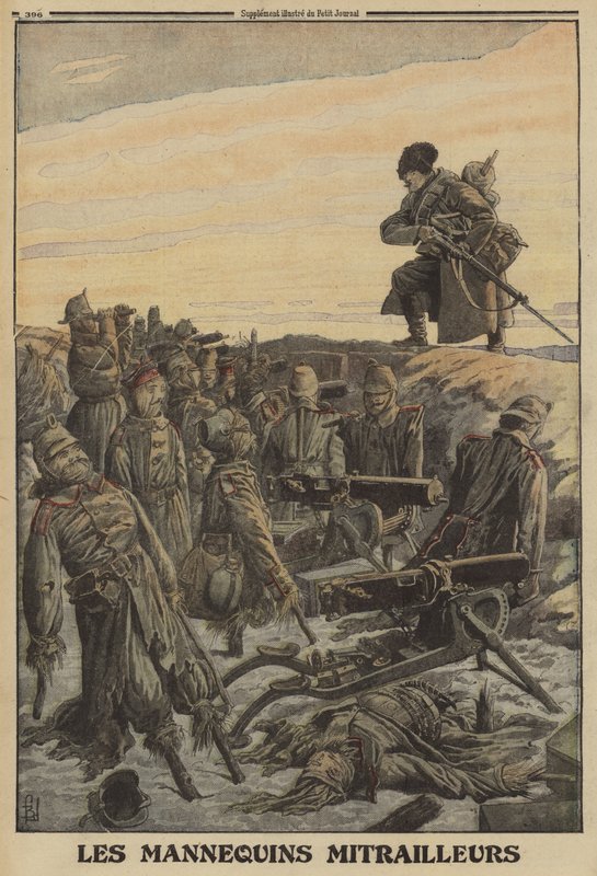 Soldado russo descobrindo uma trincheira alemã com metralhadoras tripuladas por soldados fictícios; Primeira Guerra Mundial de Louis Charles (after) Bombled