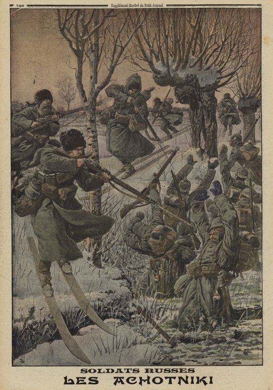 Soldados russos em esquis a capturar um grupo de alemães, Primeira Guerra Mundial de Louis Charles (after) Bombled