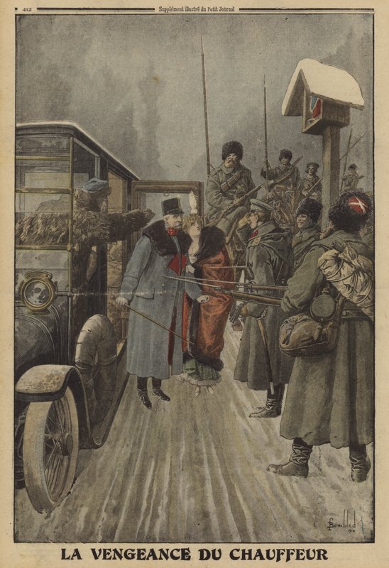O motorista do general austríaco Skarbonovitch entregando o general e sua esposa ao cativeiro dos russos em vingança por terem sido repetidamente espancados por ele, na Primeira Guerra Mundial de Louis Charles (after) Bombled