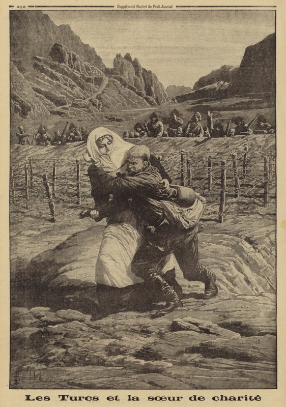Soldados turcos que seguram fogo como enfermeira da Cruz Vermelha resgata um soldado russo ferido da terra de ninguém, do Cáucaso, da Primeira Guerra Mundial de Louis Charles (after) Bombled