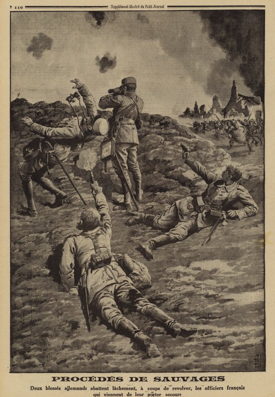 Dois soldados alemães feridos a disparar sobre oficiais franceses que os tinham ajudado a abrigar-se nas costas, na Primeira Guerra Mundial. de Louis Charles (after) Bombled