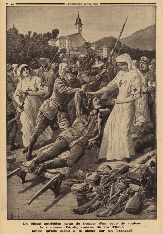 Soldado austríaco ferido tentando esfaquear a Duquesa de Aosta, prima do rei Victor Emmanuel III da Itália, trabalhando como enfermeira voluntária e tentando ajudá-lo numa maca, na Primeira Guerra Mundial. de Louis Charles (after) Bombled