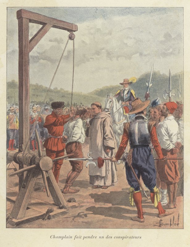 Samuel de Champlain pendurado um conspirador, Canadá, do século 17 de Louis Charles Bombled