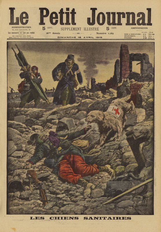 Usando cães de resgate para procurar feridos, França, Primeira Guerra Mundial, 1915 de Louis Charles Bombled