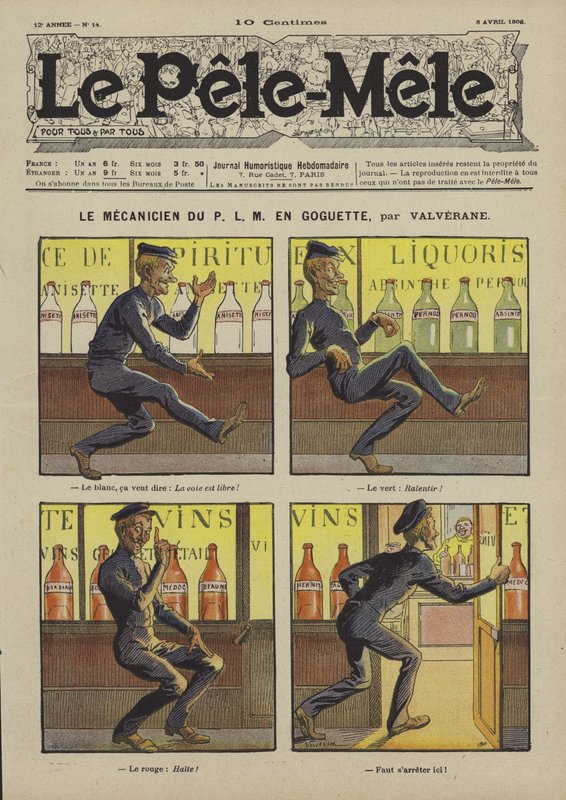 O mecânico de PLM em uma farra. Ilustração para o Pelé-Mele, 1906 de Louis Denis Valverane