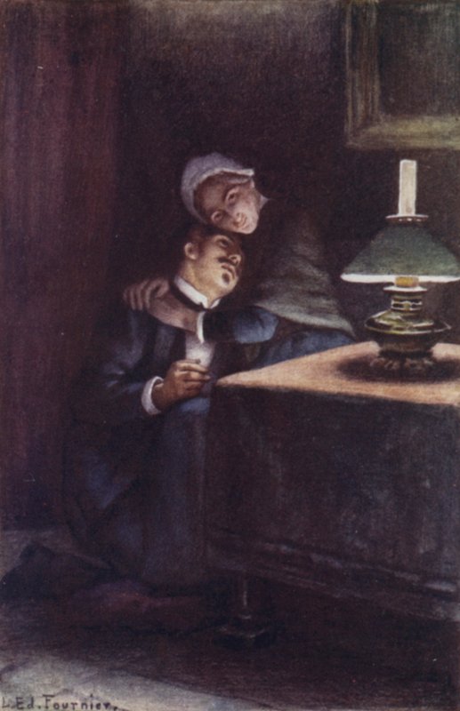Com a cabeça pesada e lanosa no joelho, lembrou-se das noites felizes de sua infância de Louis Edouard Paul Fournier