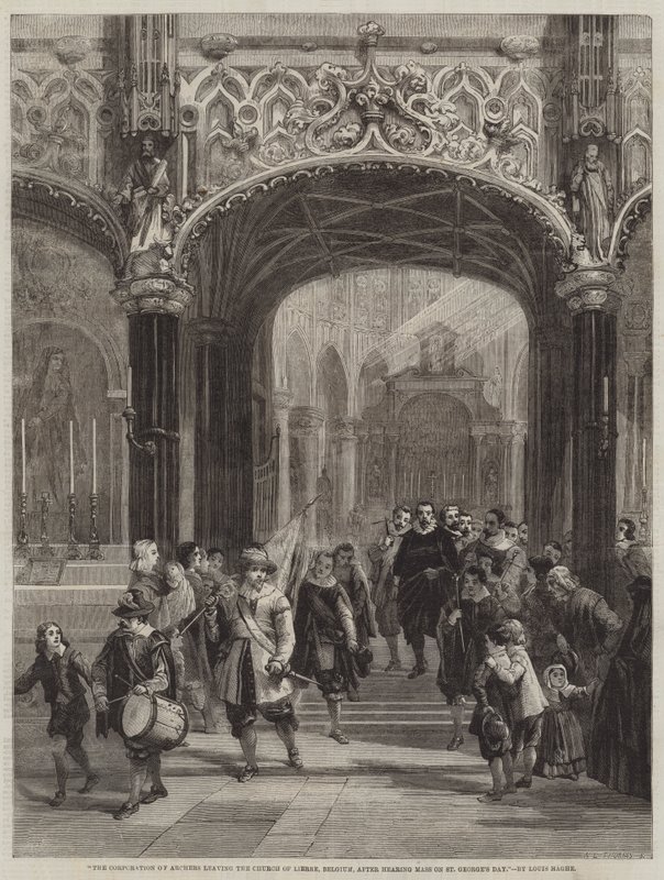 A Corporação dos Arqueiros deixando a Igreja de Lierre, na Bélgica, depois de ouvir a missa no dia de São Jorge de Louis Haghe