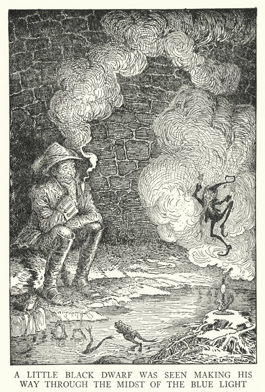 Um anãozinho negro foi visto abrindo caminho no meio da luz azul (litho) de Louis John Rhead