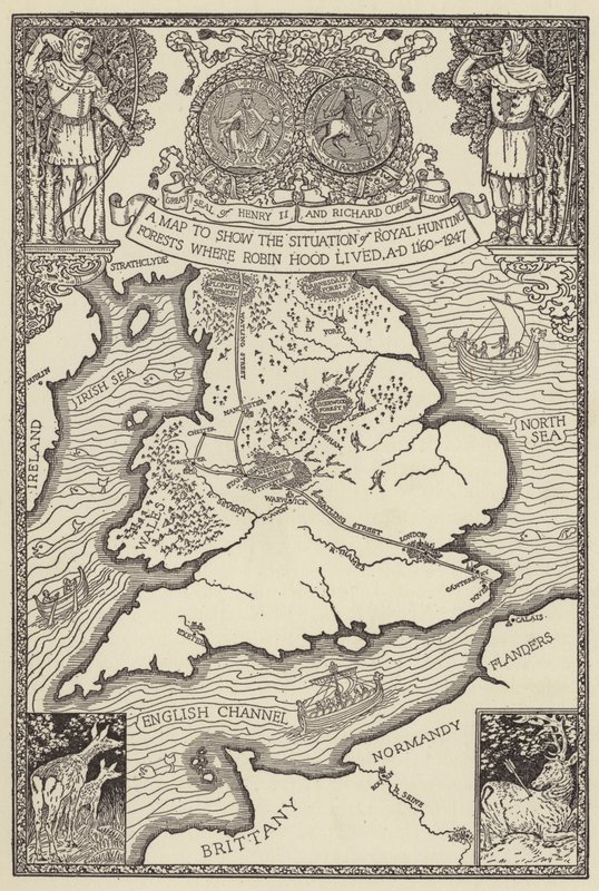 Um mapa para mostrar a situação das Florestas Reais de Caça onde Robin Hood viveu, AD 1160-1247 de Louis John Rhead