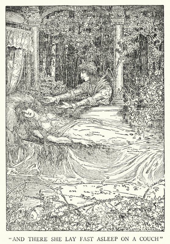 "E lá estava ela deitada a dormir num sofá" (litho) de Louis John Rhead