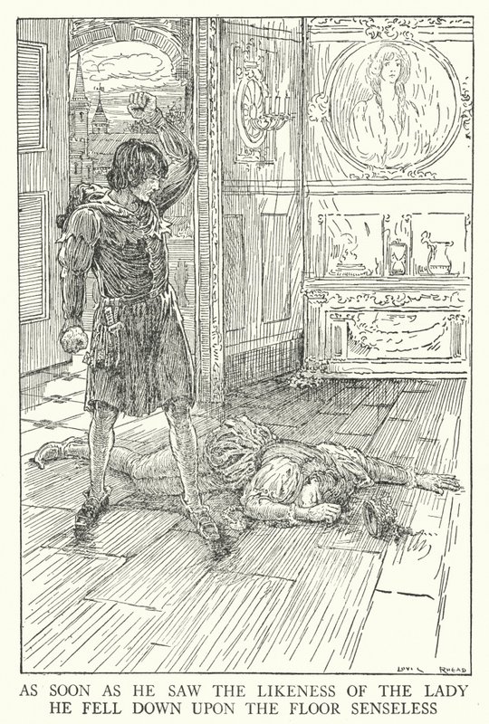 Assim que ele viu a semelhança da senhora, caiu no chão sem sentido (litho) de Louis John Rhead