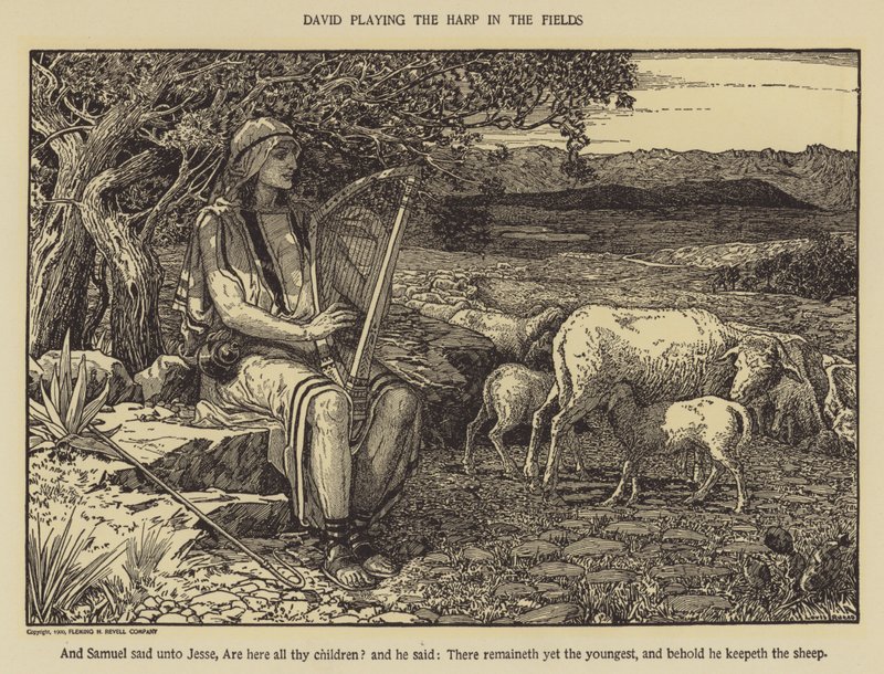 David tocando harpa nos campos de Louis John Rhead