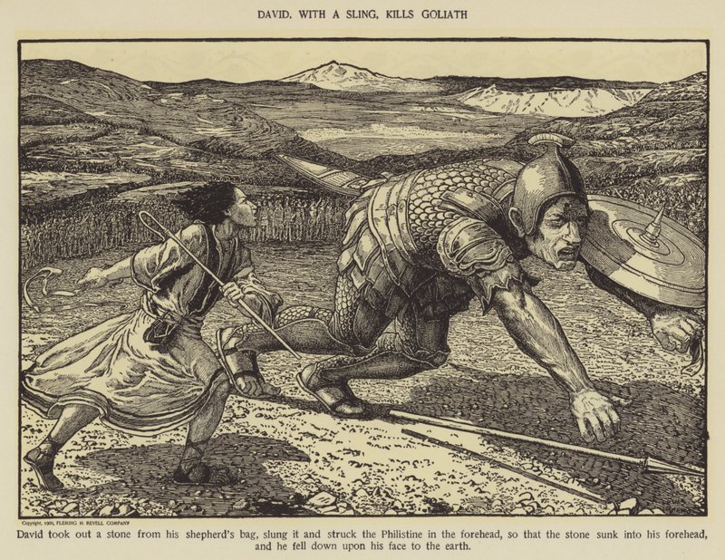 David, com uma tipóia, mata Goliath de Louis John Rhead