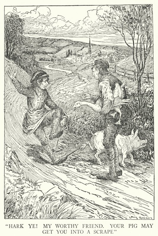 "Ouçam! Meu digno amigo, o teu porco pode levar-te a um raspão" (litho) de Louis John Rhead